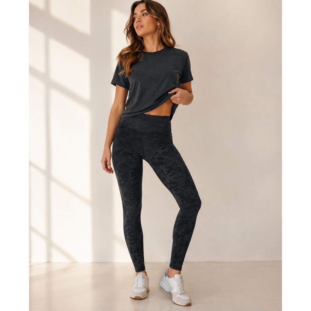 Spanx Leggings Black Camo Print High Rise Compression Medium Athleisure